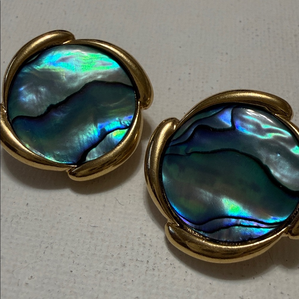 Gold-Frame Abalone Shell Stud Clip on Earrings - Picture 13 of 14